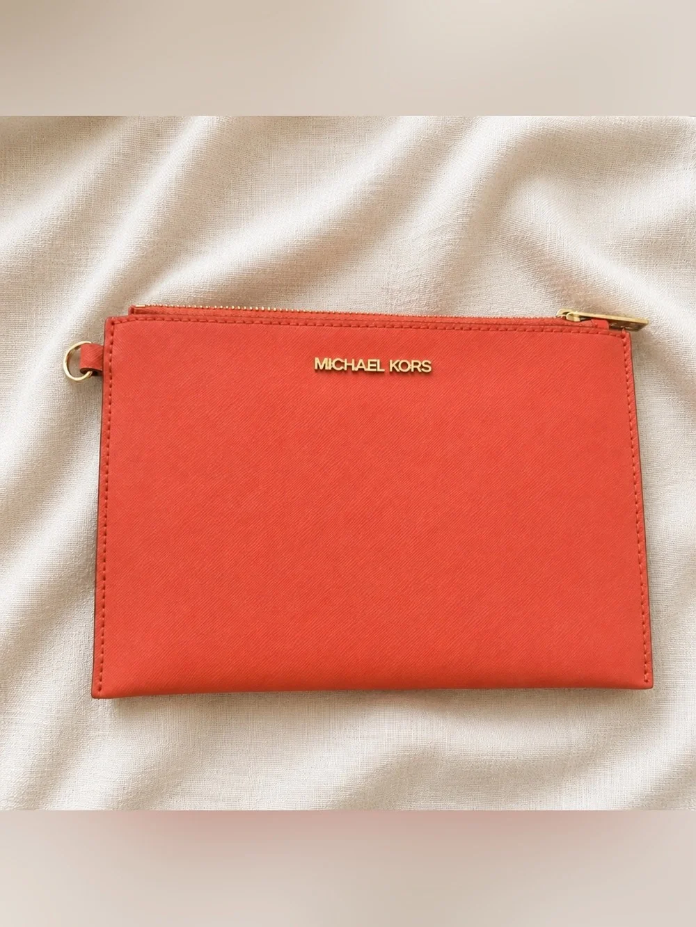 New Michael Kors Orange Saffiano Zip Pouch Clutch